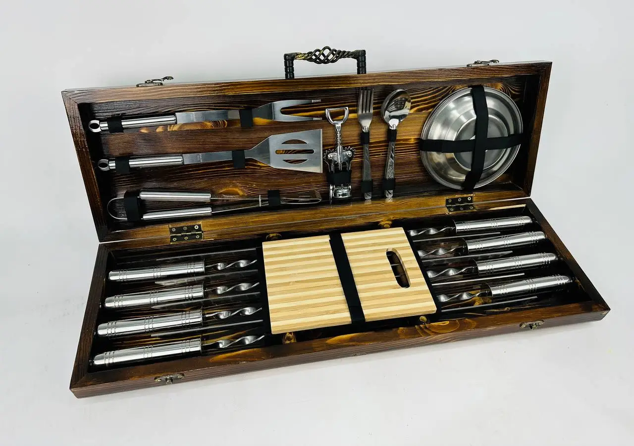 Набір шампурів в кейсі BBQ LUX дерев'яний люксовий ящик з нержавіючої сталі (2-10-KS-7807) - фото 4 Набір шампурів в кейсі BBQ LUX дерев'яний люксовий ящик з нержавіючої сталі (2-10-KS-7807) - фото 4