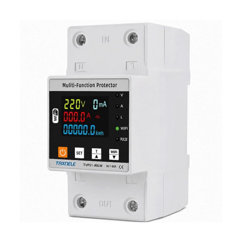 Разумное WiFi реле TAXNELE с полной защитой/счетчиками/таймером 1P+N 80A 230V Smart Life (TVPS1-80LW)