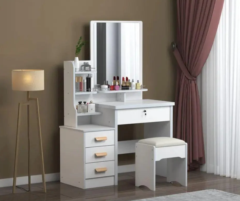 Туалетный столик STL-MD 86 с прямоугольным LED-зеркалом/полками/ящиками и пуфом из дерева/МДФ Белый (opt-105310)