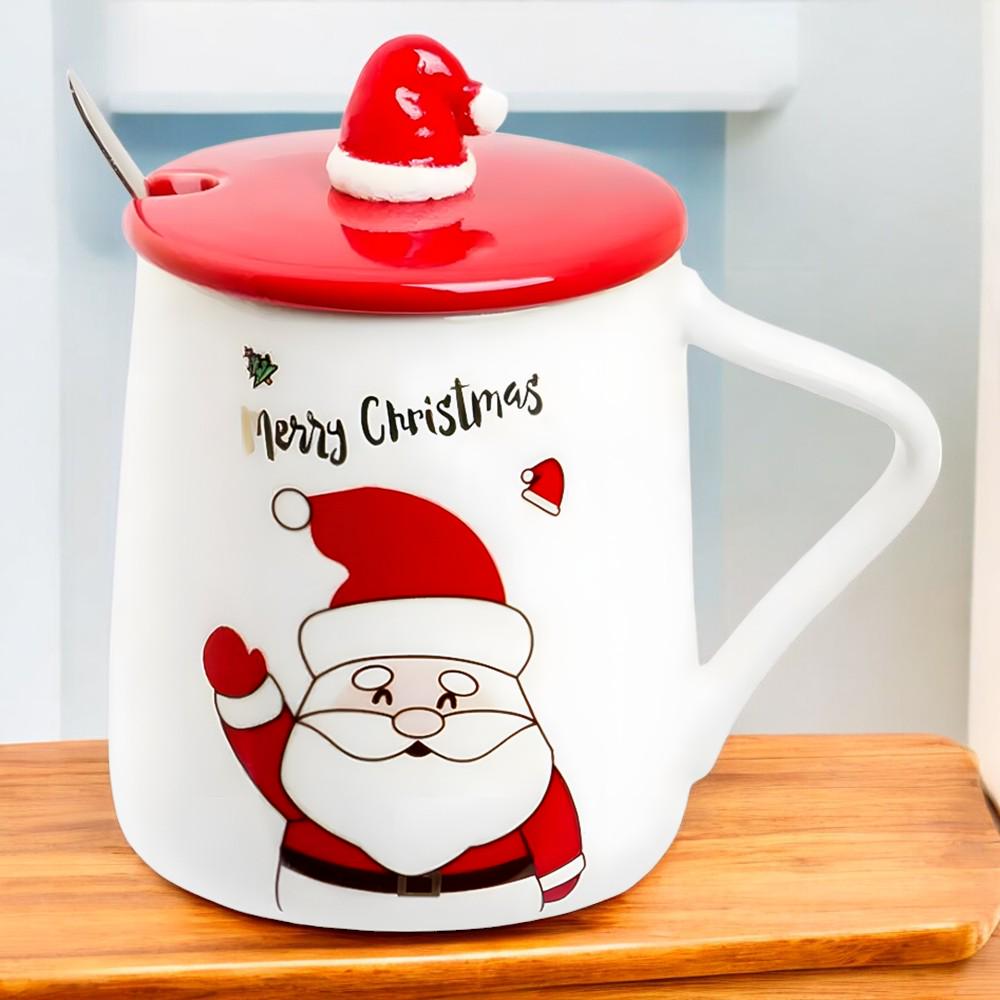 Кружка новогодняя с крышкой и ложкой Merry Christmas Санта керамика 360 мл (03-санта-R33365)