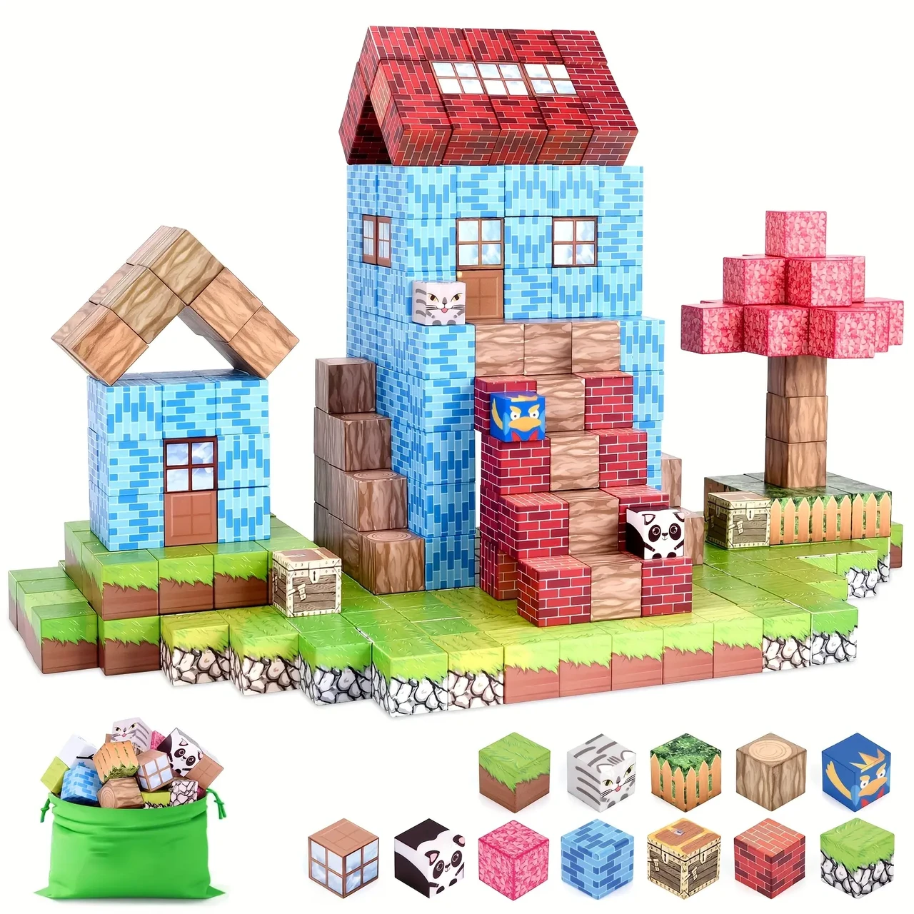 Конструктор магнітний Майнкрафт Будинок з пандами та рожевим деревом 64 кубика