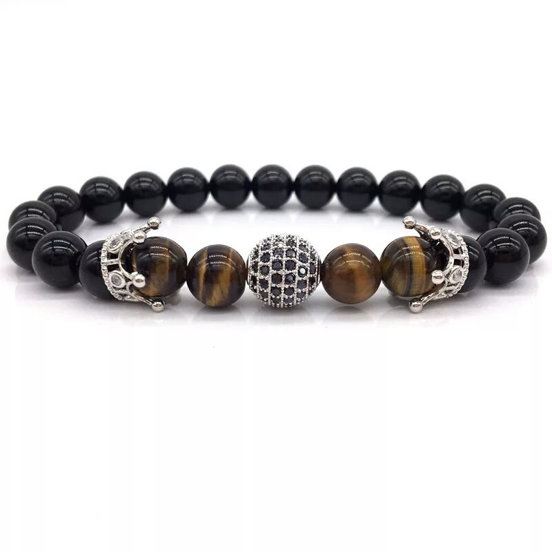 Браслет з агату та тигрового ока з кулею та коронами р. 20 Чорний
 (90029)
