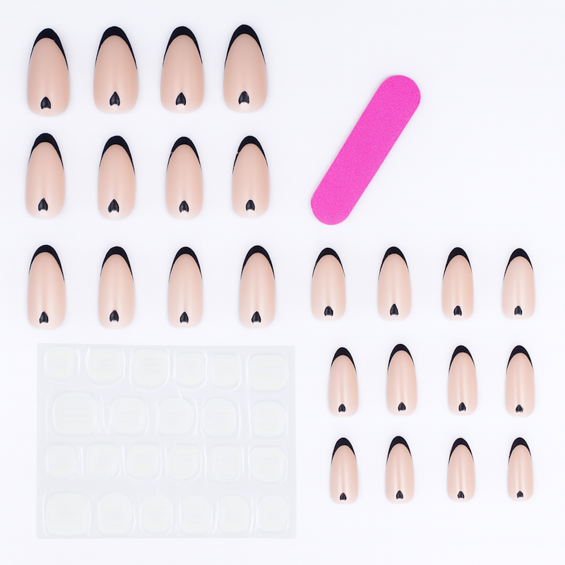 Нігті накладні френч Сердечки мигдаль середньої довжини з клейовими стіками 24 шт. Чорний (3000003699)