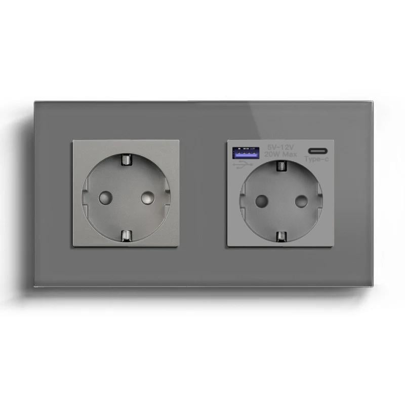 Розетка двойная LUXION с USB A+C 20Вт с заземлением/шторками 250В 16А стеклянная рамка Серый (LX-M2FGAC-GY)