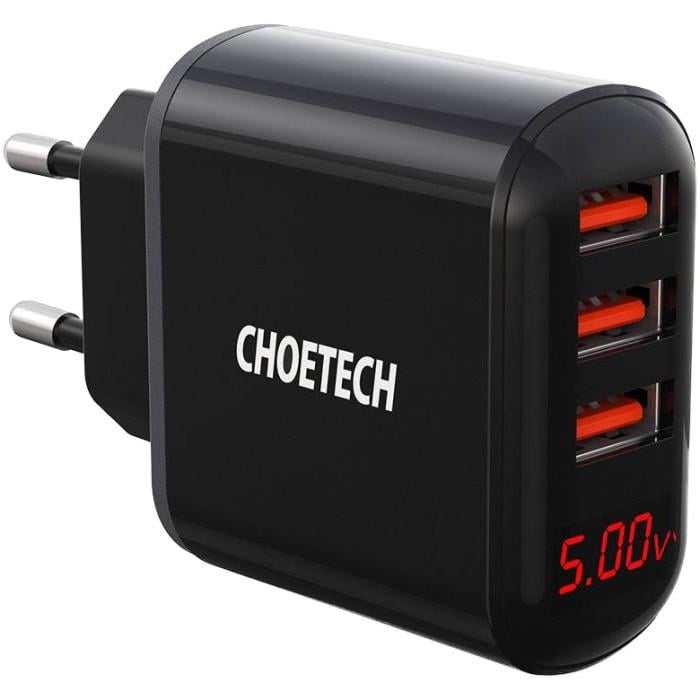 Зарядное устройство Choetech Q5009-EU 3xUSB-A 2,4А с дисплеем Black (38473539)