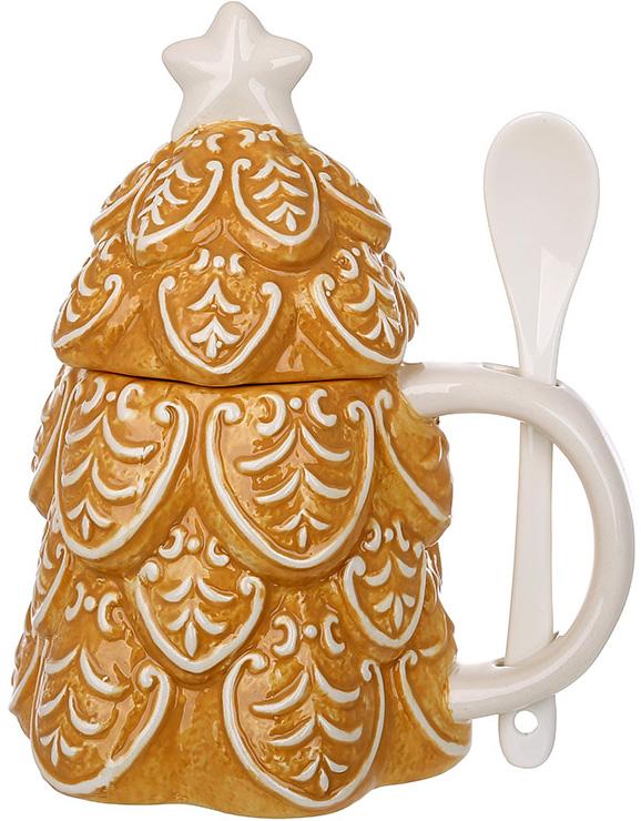 Кружка керамическая Пряничная Елка с крышкой и ложкой 450 мл
