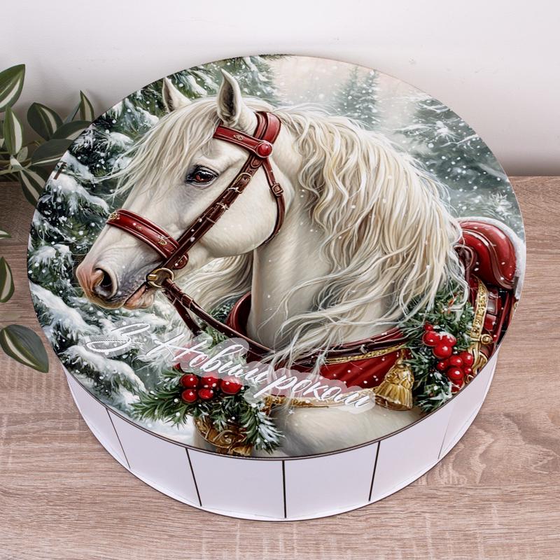 Коробка круглая с новогодним дизайном Лошадь 40 см (4982-35)