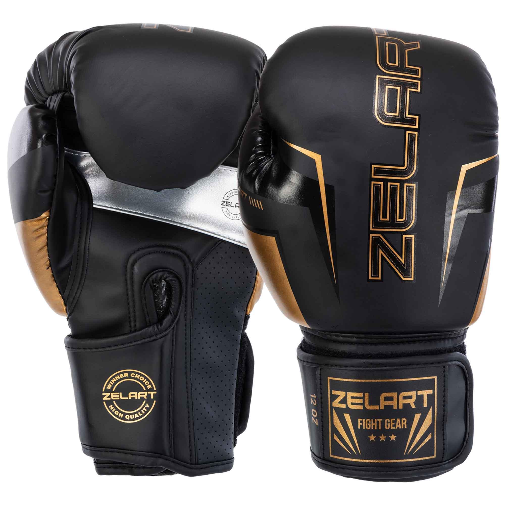 Перчатки боксерские Zelart BO-1221 12oz Черно-золотой (BO-1221_Черный-золотой_12_унц)