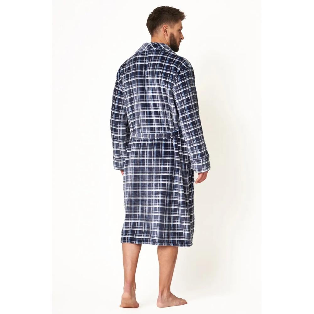 Халат мужской KEY MGL 432 на запах с шалевым воротником в клетку флисовый M/L Черный (2388044129) - фото 2