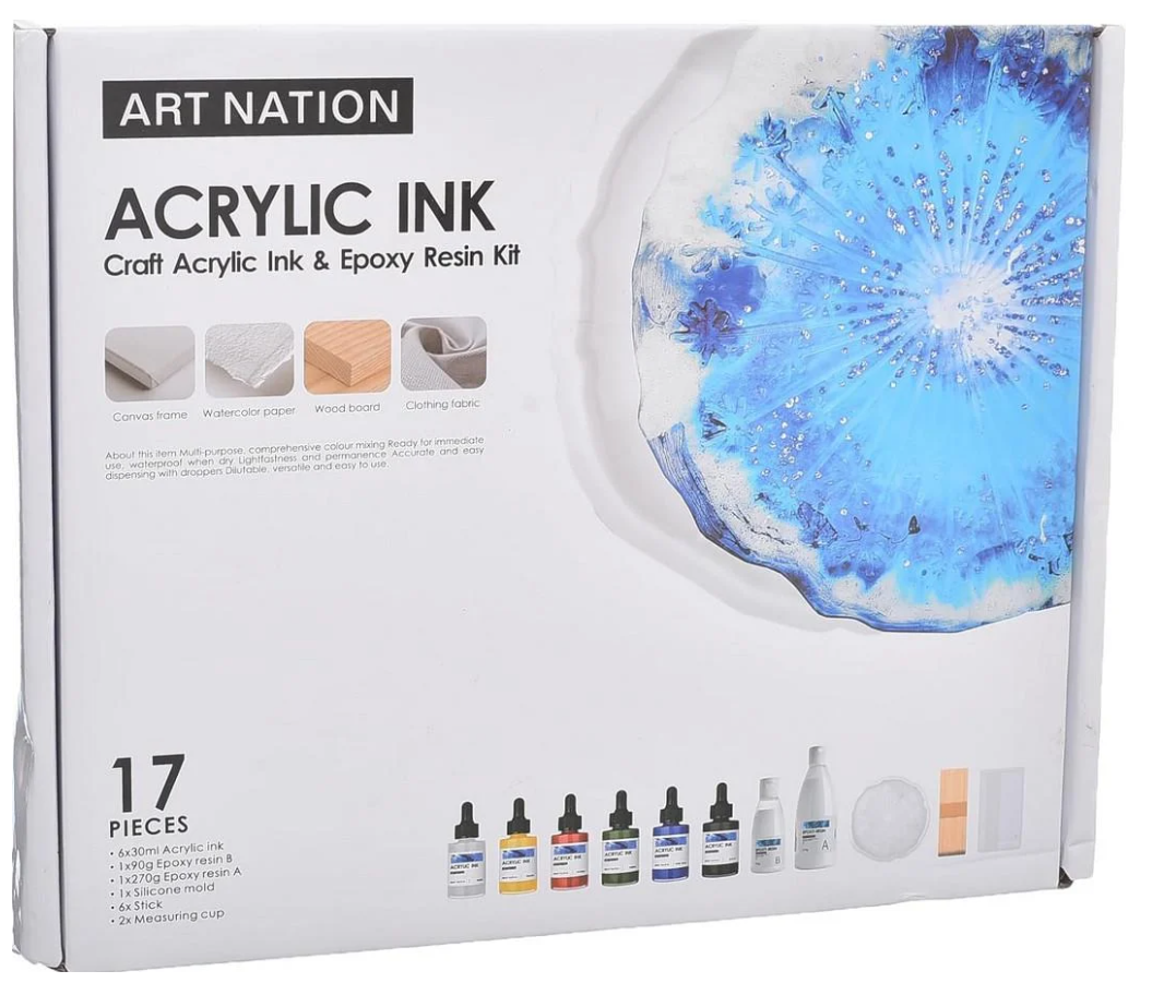Акриловые краски-чернила Art Nation 6х30 мл/эпоксидная смола 90 и 270 г/мерные стаканы/форма/аксессуары