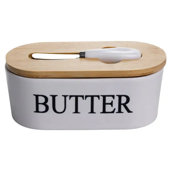 Масленка фарфоровая с бамбуковой крышкой и ножом шпателем для масла Butter 19х10х8 см Белый (CYT-W)