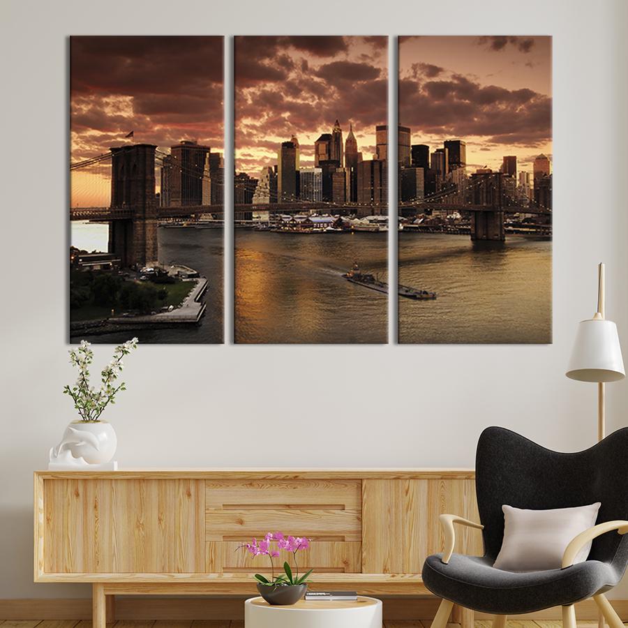 Модульная картина триптих Вечерние сумерки над Бруклинским мостом 156x100 см (315-31)