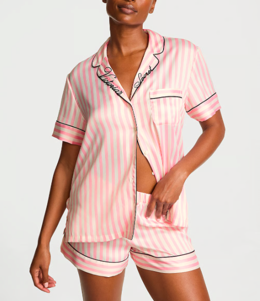 Піжама Victoria's Secret Glazed Satin Short Pajama Set Pink Stripe Смужка шорти та сорочка XS