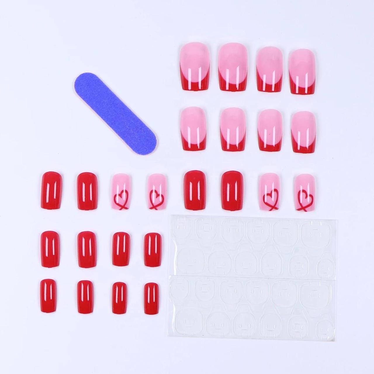 Накладные ногти с сердцем квадрат средней длины с клеевыми пластинами 24 шт. Алый (2789190676) - фото 4