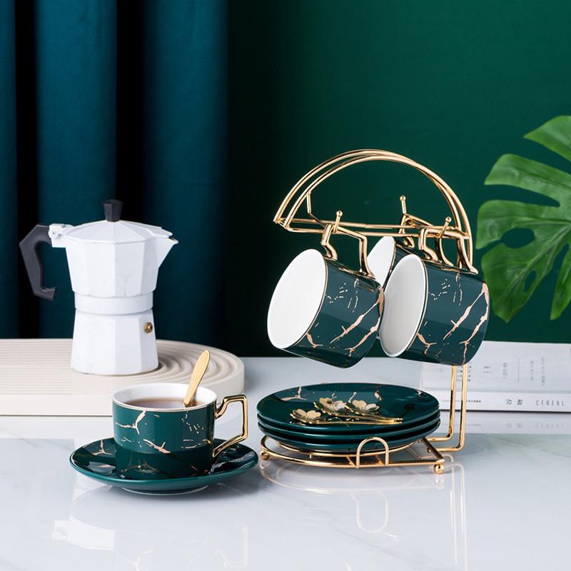 Сервиз чайный подарочный Lesko Мраморная роскошь чашки 4 шт./блюдца 4 шт./ложки 4 шт. с подставкой Green (28525444) - фото 4