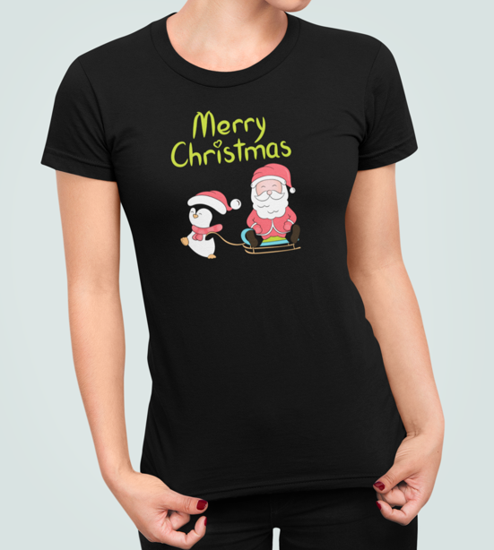Футболка женская новогодняя Stedman с принтом Merry Christmas пингвин и Cанта XXL Черный (НГ26.1-5)