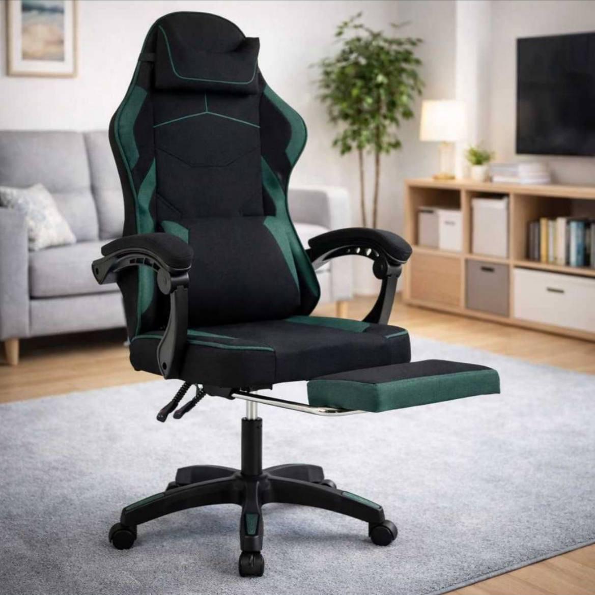 Крісло геймерське Vector тканинна оббивка/масажна подушка/висувна підніжка Чорно-зелений (30375)