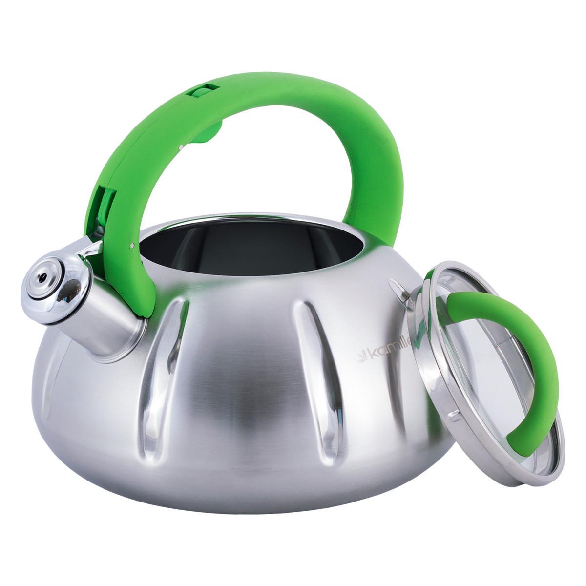Чайник зі свистком Kamille KM-0671 із нержавіючої сталі та скляною кришкою 3 л Сталевий/Зелений (150-84-0671) - фото 4 Чайник зі свистком Kamille KM-0671 із нержавіючої сталі та скляною кришкою 3 л Сталевий/Зелений (150-84-0671) - фото 4