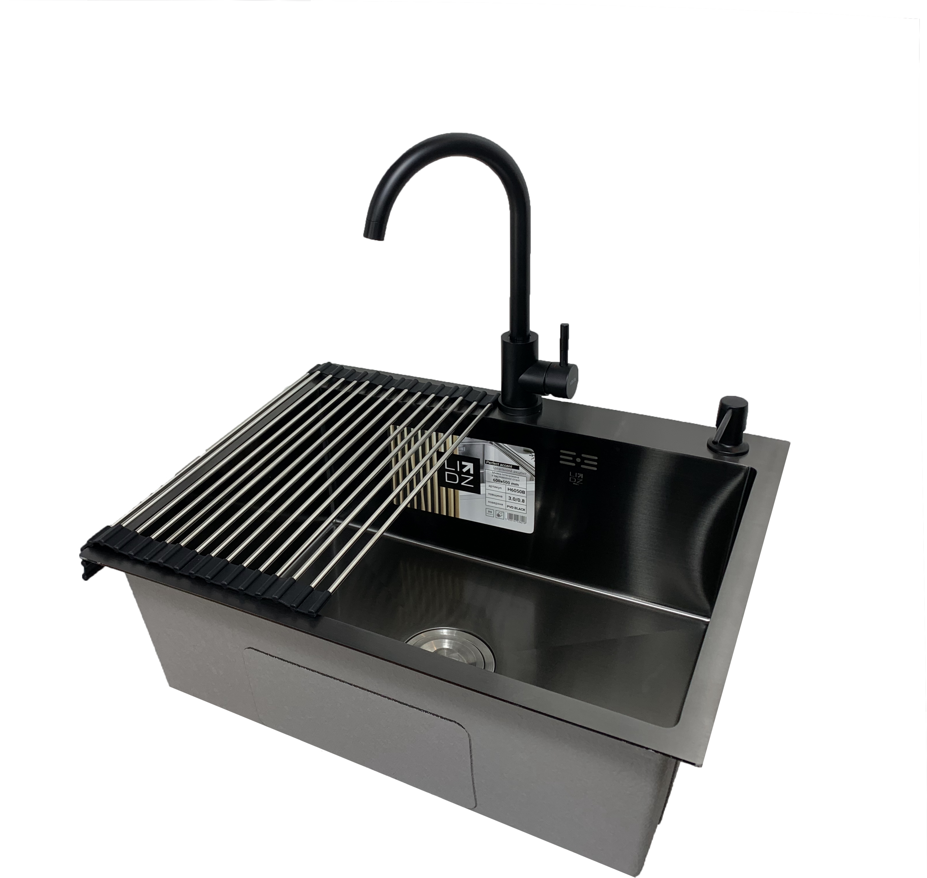 Мойка кухонная Lidz PVD 60x50 см со смесителем/дозатором/ковриком Черный (12710847)