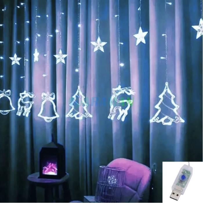 Гірлянда бахрома штора з фігурками кімнатна Олень Ялинка колокольчик/Зірки від USB 2,5х1 м Холодний білий (2415859975) - фото 4 Гірлянда бахрома штора з фігурками кімнатна Олень Ялинка колокольчик/Зірки від USB 2,5х1 м Холодний білий (2415859975) - фото 4