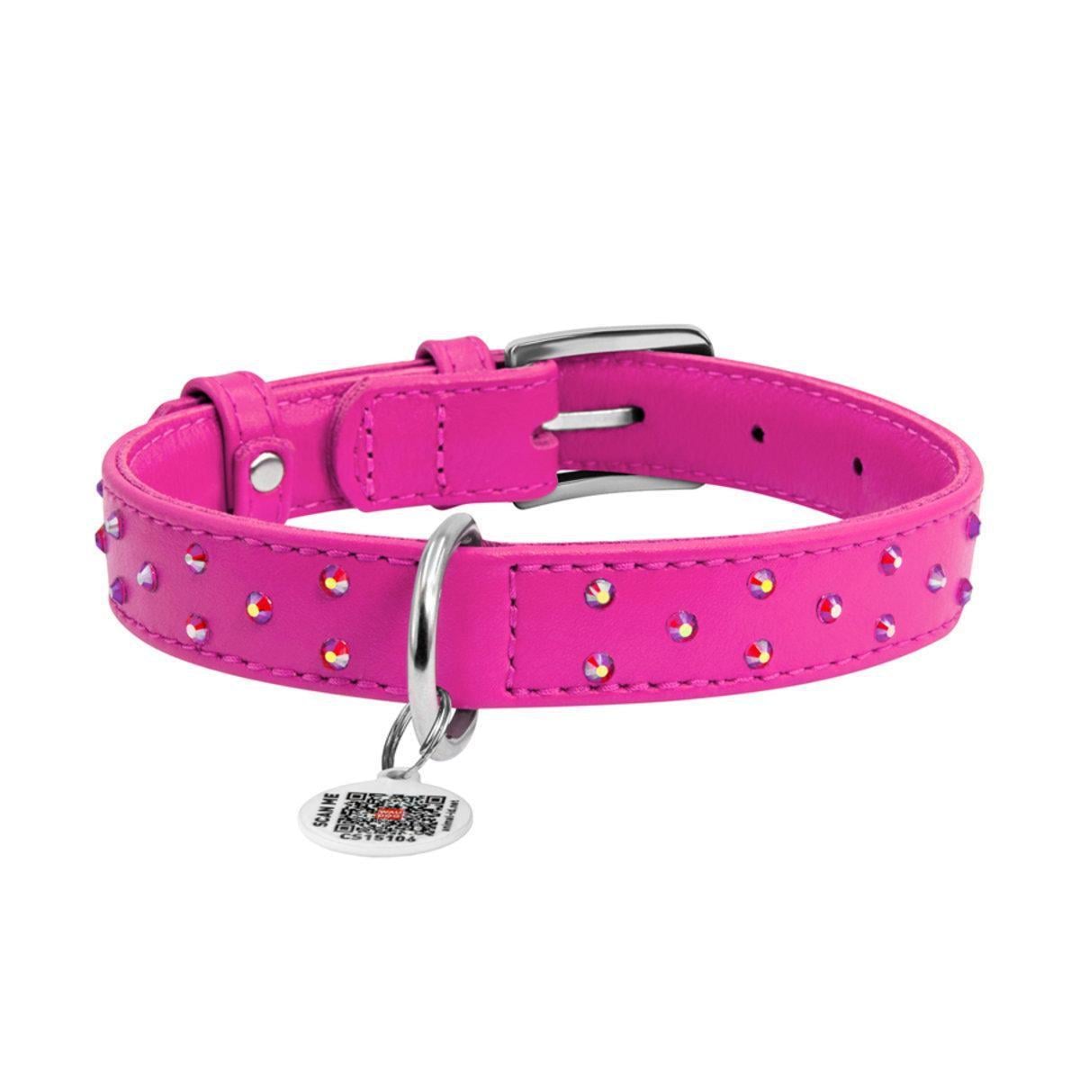 Ошейник для собак кожаный Waudog Glamour с QR паспортом/клеевыми стразами 25 мм х 38-49 см Розовый (32797 Col)