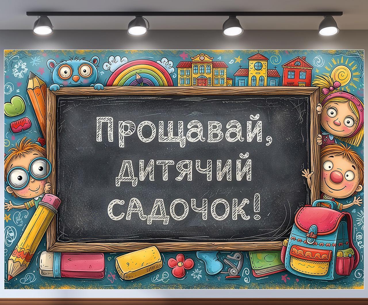 Плакат для фотозоны "Прощавай дитячий садок" меловая доска дети смотрятся из-за рамы 240x160 см