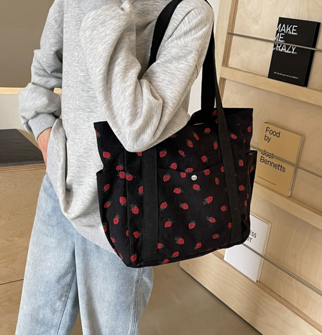 Женская сумка-тоут вельветовая с принтом Клубника Черный (RN-339)