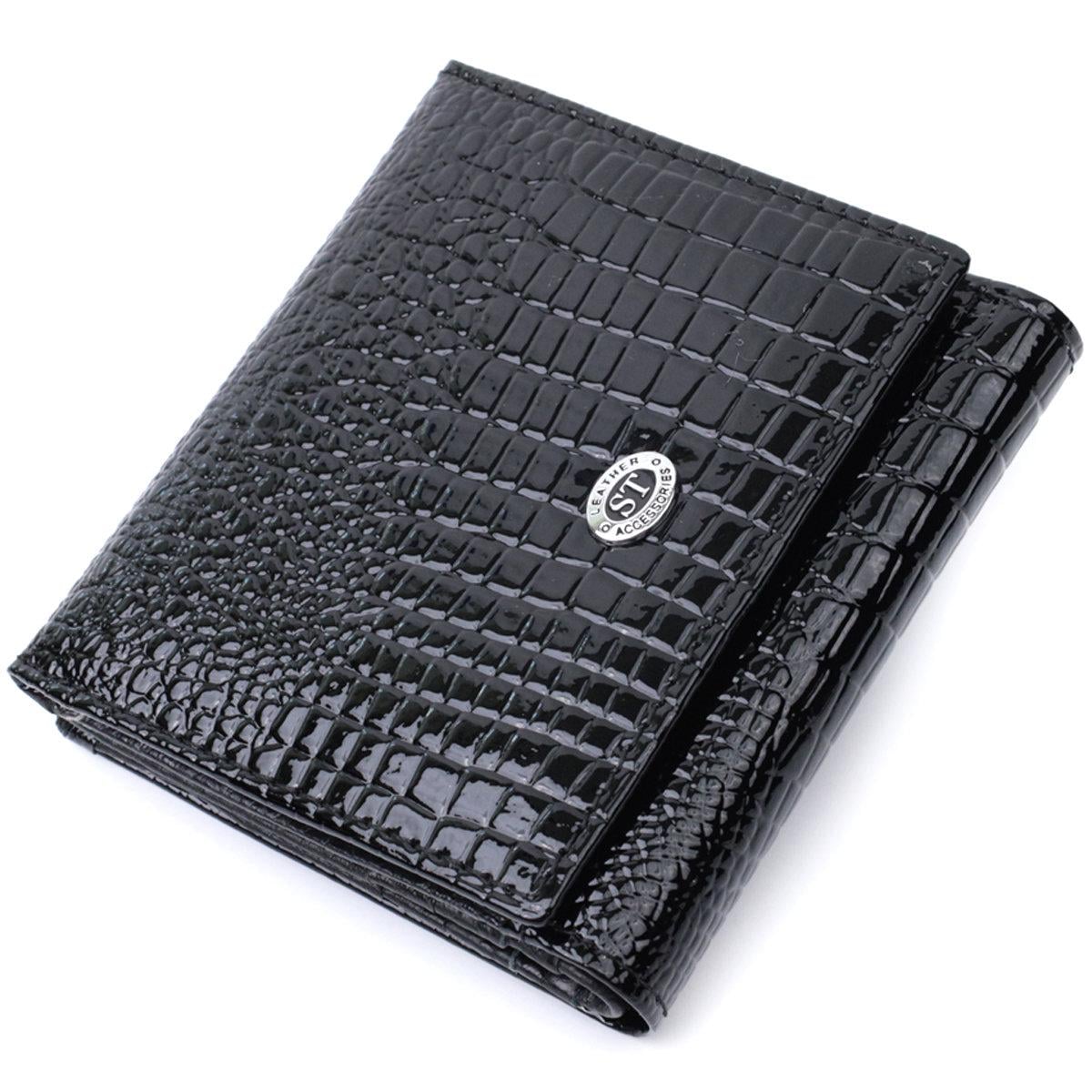 Кошелек женский ST Leather 22688 лакированный двусложный из натуральной кожи с тиснением под рептилию Черный (168-136-22688)