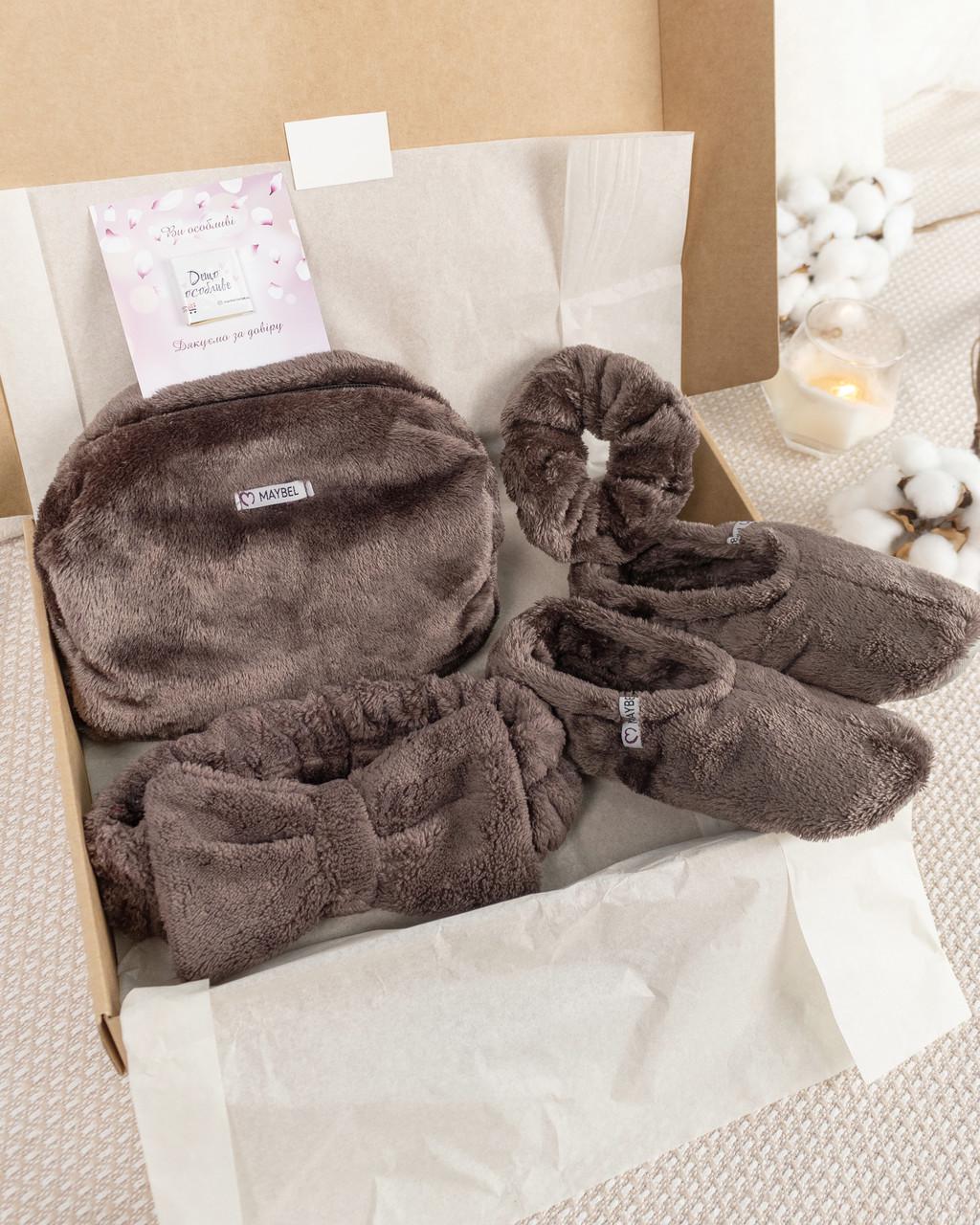 Подарочный набор тапочки-балетки косметическая повязка и косметичка Шоколадный