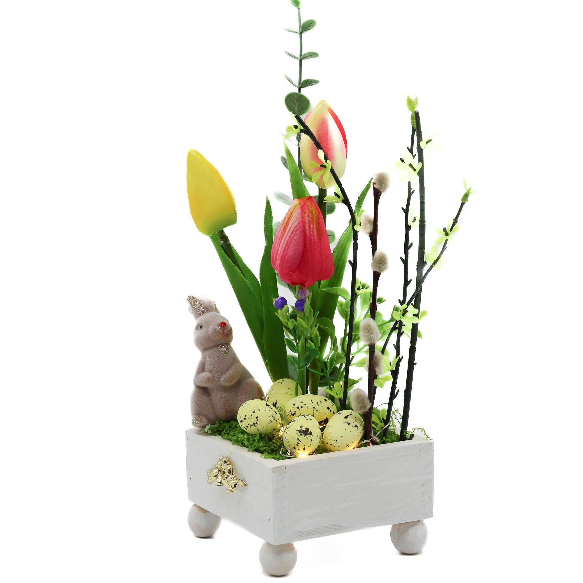 Композиция декоративная GALA DECOR в деревянном ящике с LED-подсветкой и фигуркой кролика 25 см.