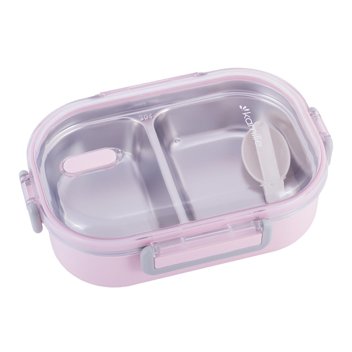 Ланч-бокс 2-х секционный Kamille KM-2118 из пластика и нержавеющей стали с ложкой 650 мл Розовый (124-84-2118RZ)