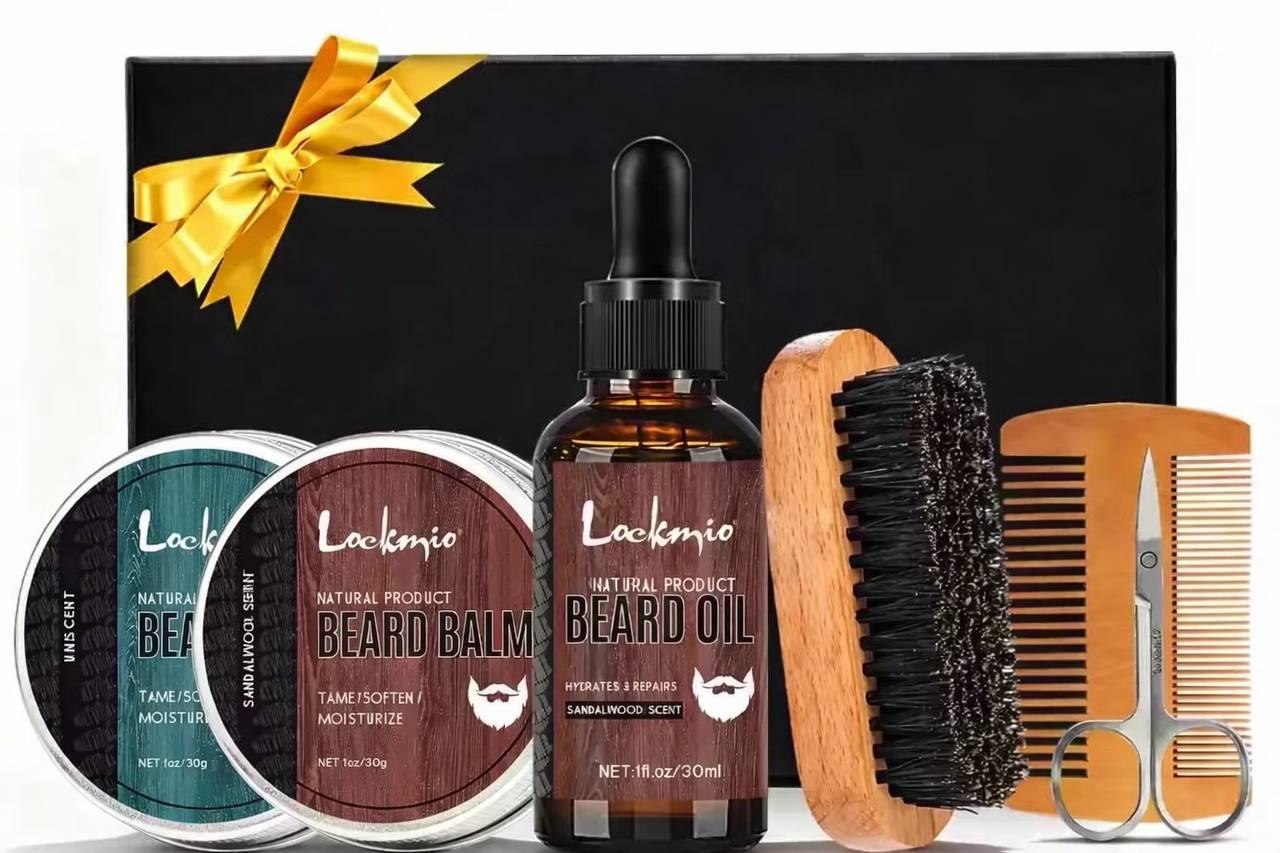 Набор для ухода за бородой Lockmio Natural Product 5в1 масло/бальзам/щетка расческа и ножницы (31464795)