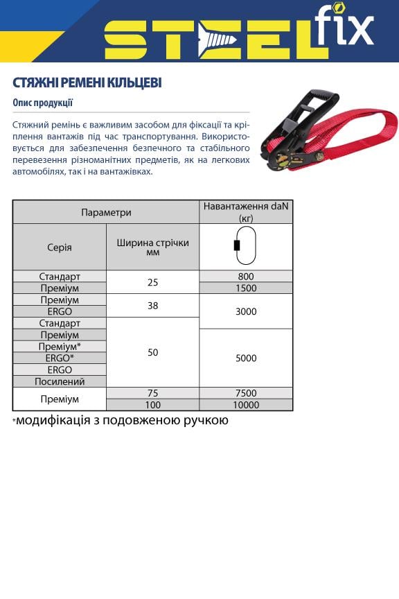 Ремінь стяжний Steelfix 5 т 10 м кільцевий з трещіткою 50 мм преміум (279917) - фото 2