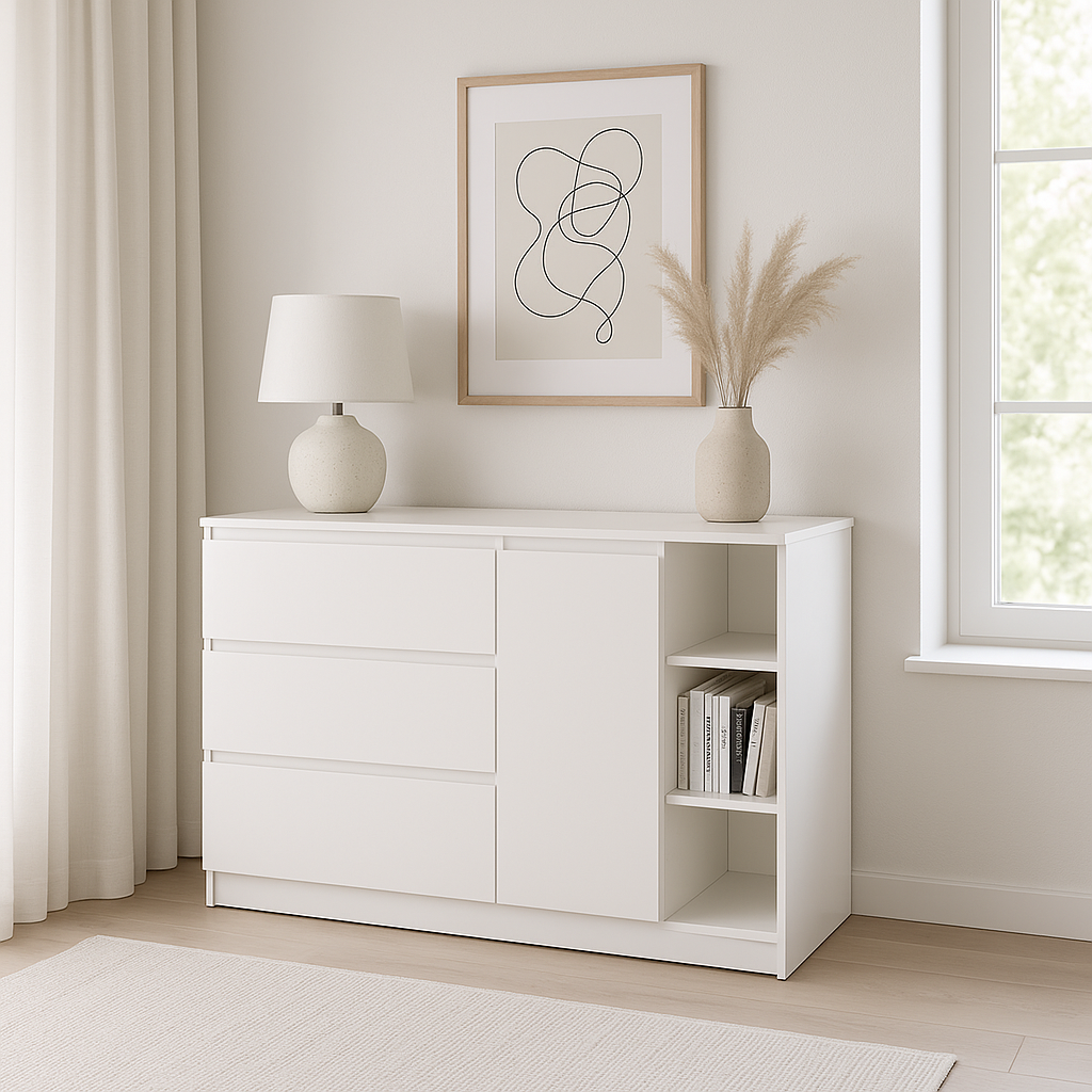 Комод MEBEX на 3 шухляди з відкритою нішею 120х40х77 см Білий (VERTO3B1200WH) - фото 1 Комод MEBEX на 3 шухляди з відкритою нішею 120х40х77 см Білий (VERTO3B1200WH) - фото 1