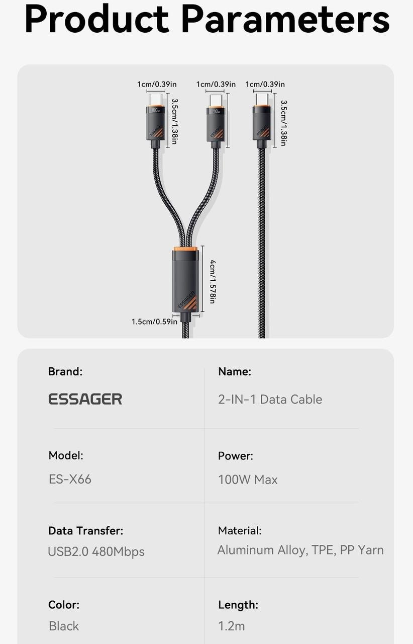 Кабель 2в1 Essager One-for-two Fast Charging 2 Type-C 100W 1,2 м Black (25397245) - фото 10 Кабель 2в1 Essager One-for-two Fast Charging 2 Type-C 100W 1,2 м Black (25397245) - фото 10