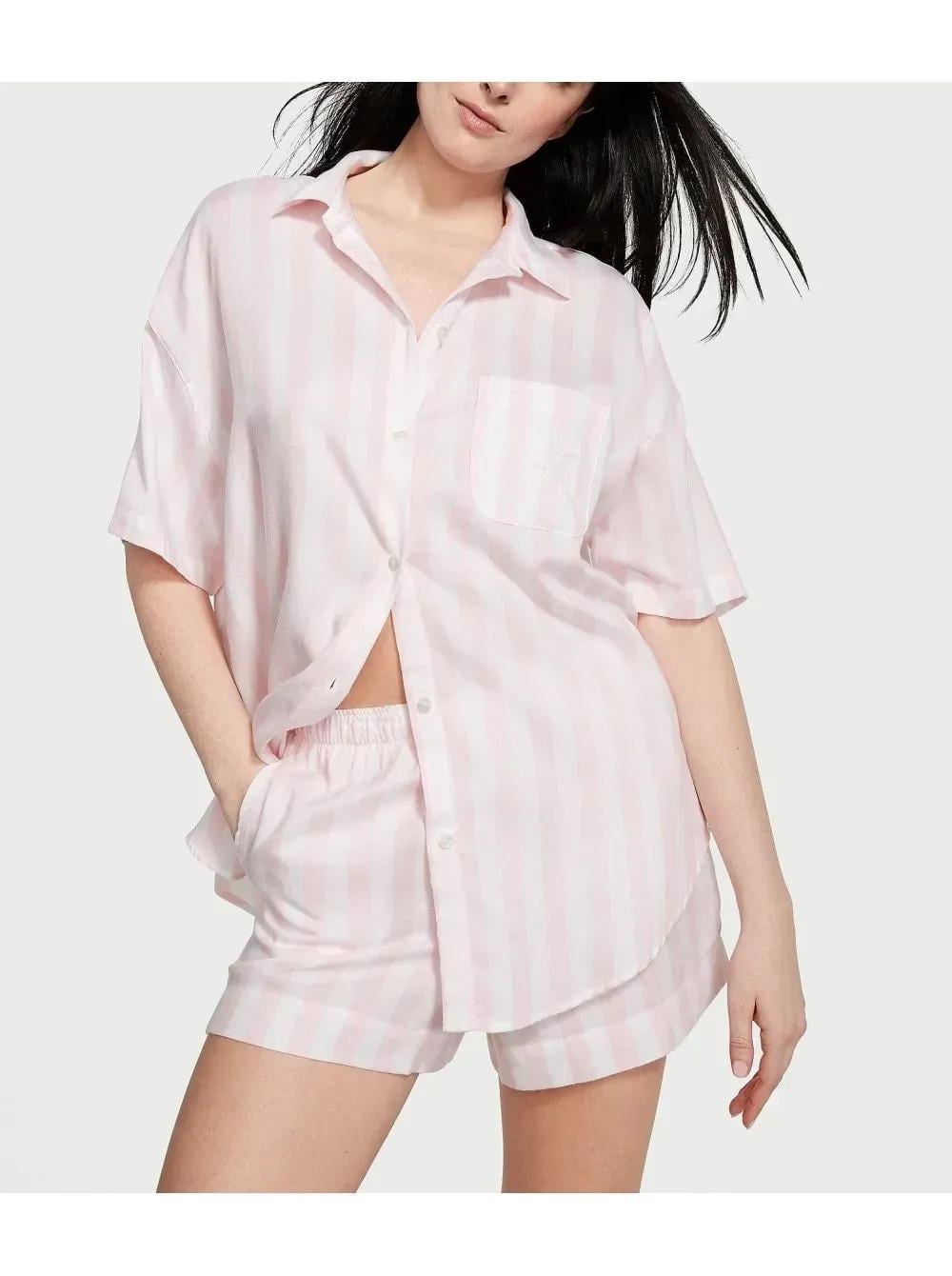 Піжама бавовна сорочка/шорти Victoria's Secret Modal-Cotton Short Pajama Set смужка XS Рожевий (26809777)