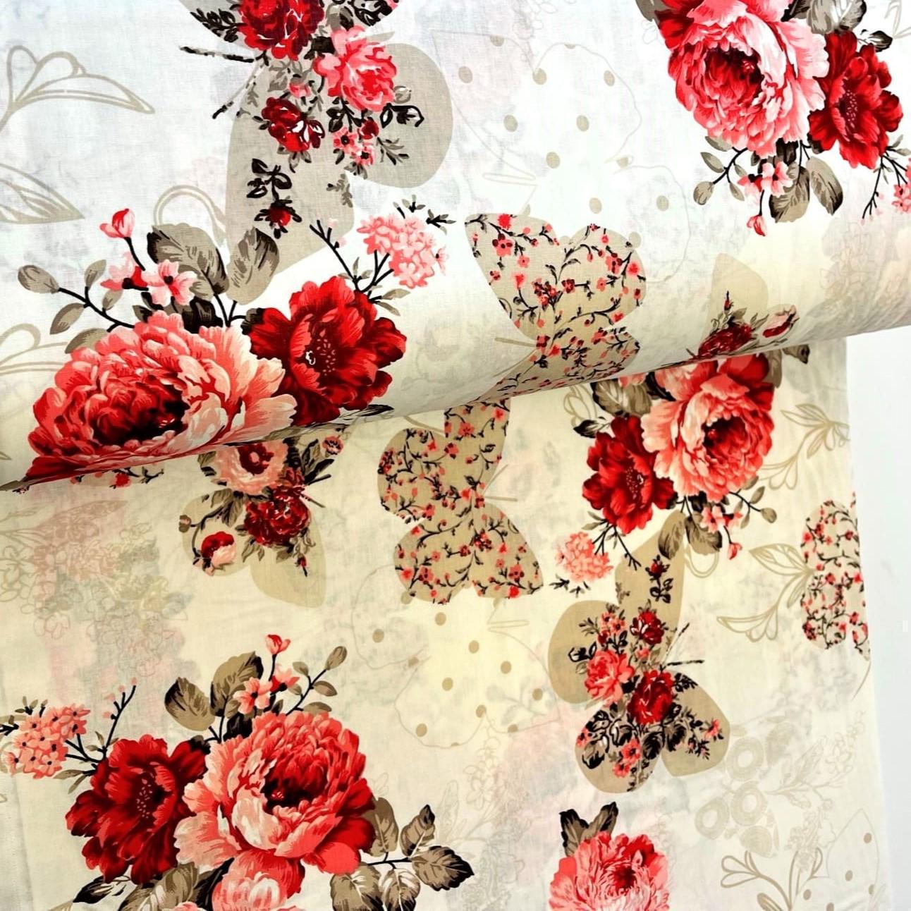 Ткань для постельного белья пиона и бабочки ранфорс 240 см (G-13222/14 01513)