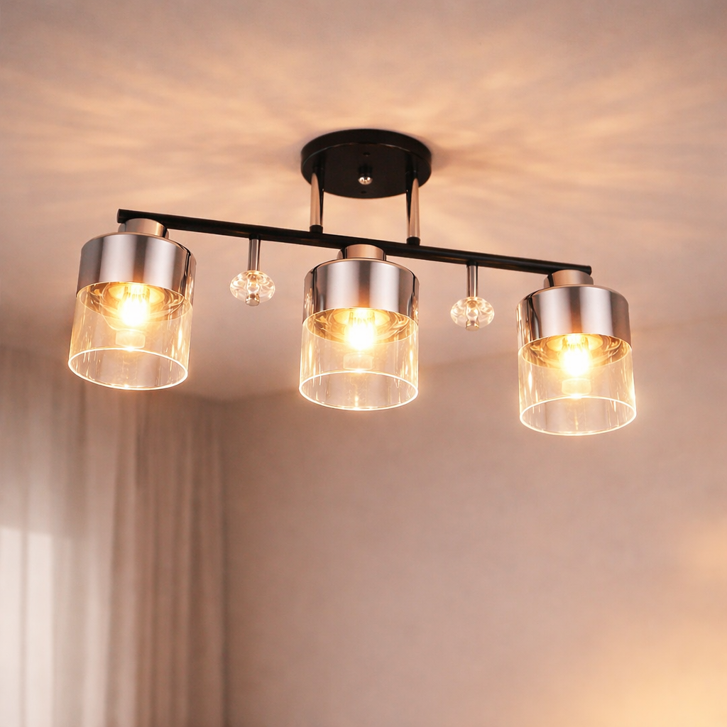 Люстра Valeso с линейным металлическим каркасом под три лампы Е27 Черный/Хром (Ю 2426B/3 BK+CR)