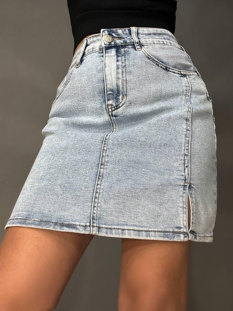 Юбка женская джинсовая Dragon 201 короткая разрез сбоку швы стрейчевая р. 27 Голубой (4000)