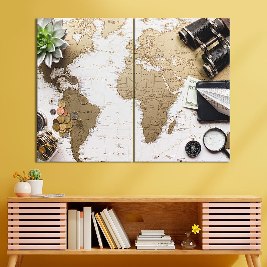 Картина карта Натюрморт на золотой карте мира 71x51 см (A1367-2)