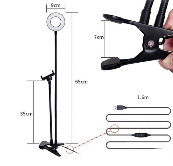 Держатель для телефона с LED подсветкой на прищепке, селфи лампа на штативе, Белый - фото 4