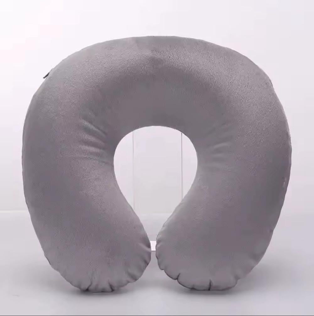 Подушка для шеи надувная U-образная дорожная с мягким велюровым чехлом 27x24x10 см Серая (2798459639)