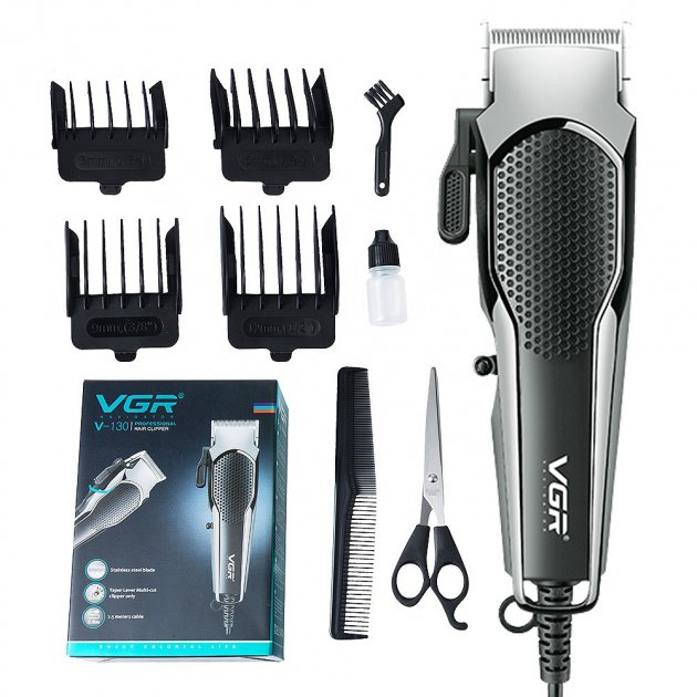 Машинка для стрижки волосся VGR V-130 від мережі з ножицями/гребінцем/насадками 4 шт. (ML-04726)