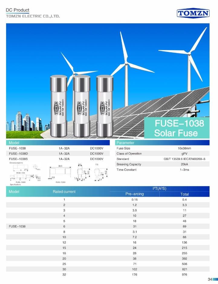 Предохранитель TOMZN 30A 1000V 10x38мм PV класс gPV плавкий цилиндрический для солнечных панелей Solar FUSE 1038 PV систем (22120343) - фото 2