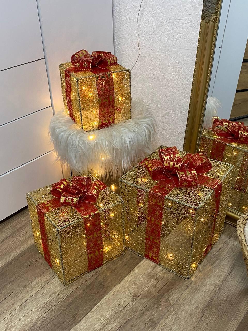 Гірлянда світлодіодна Подарунки новорічна на батарейках Золотий з червоним (1257)