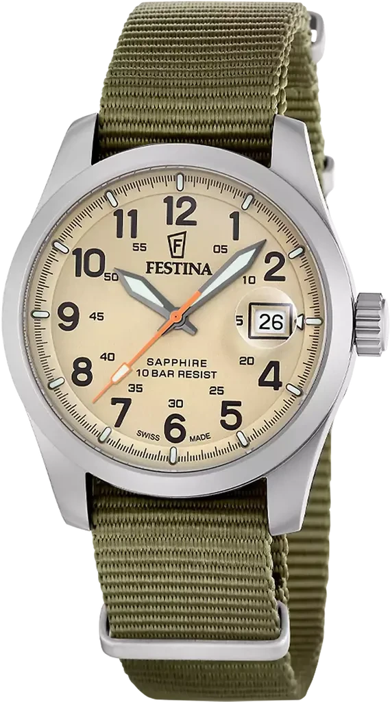 Наручные часы мужские Festina F20082/1 Field Watches Swiss Made со стальным корпусом/сапфировым стеклом WR 100 м и бежевым циферблатом Наручные часы мужские Festina F20082/1 Field Watches Swiss Made со стальным корпусом/сапфировым стеклом WR 100 м и бежевым циферблатом