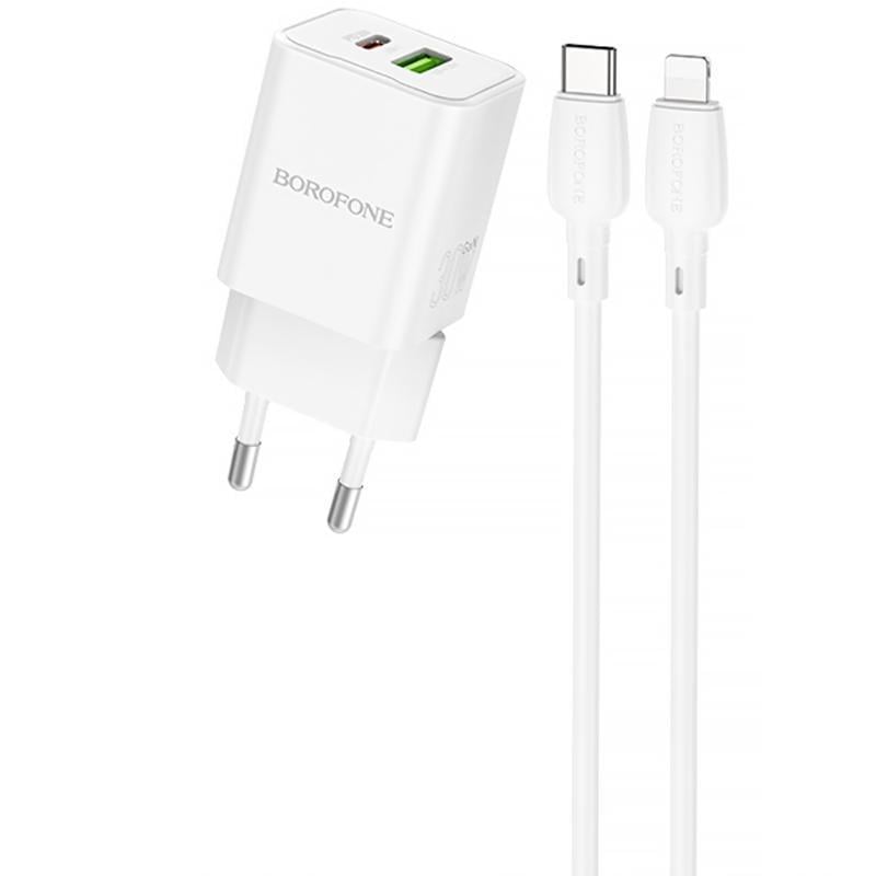 Зарядний пристрій мережевий Borofone BN14 Royal PD30W/QC3.0 1USB-A/1C з кабелем Type-C to Lightning White (00000079276_1)