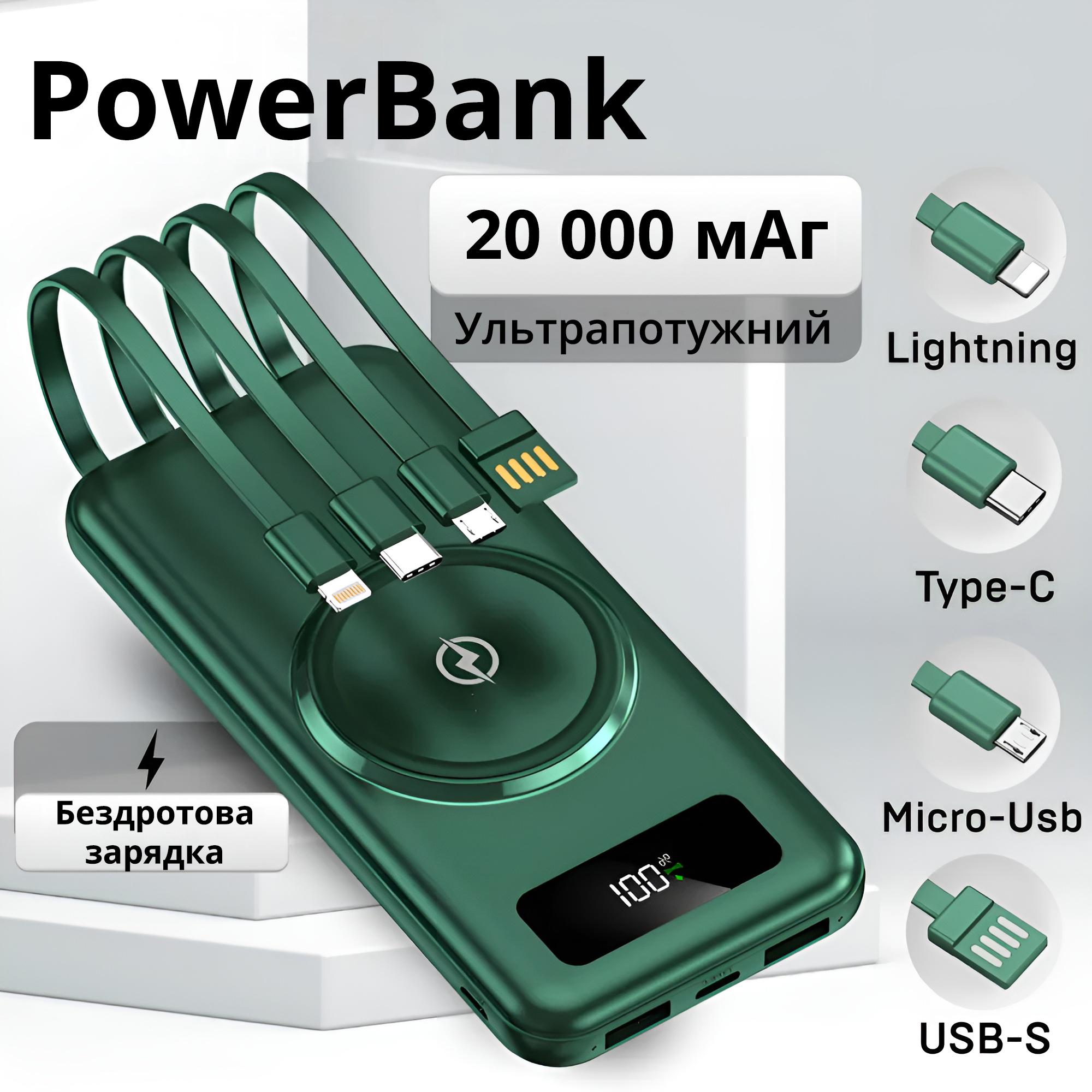 Портативный аккумулятор 10000 mAh Power Bank на 2 USB выхода и с беспроводной зарядкой Зеленый - фото 2