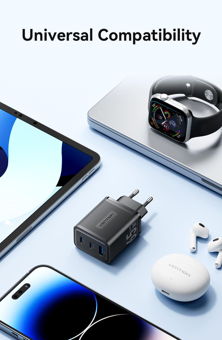 Зарядное устройство для Vention GaN III 2x Type-C/USB 65W 3-портовый A+2C быстрая зарядка Черный (FERB0-EU) - фото 11 Зарядное устройство для Vention GaN III 2x Type-C/USB 65W 3-портовый A+2C быстрая зарядка Черный (FERB0-EU) - фото 11