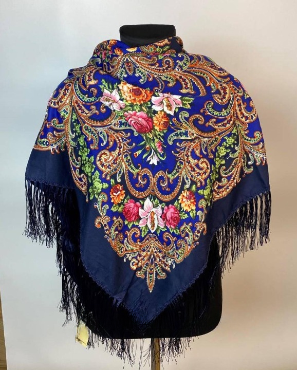 Платок в народном стиле Букет цветов 120х120 см Синий М12 (29416815)